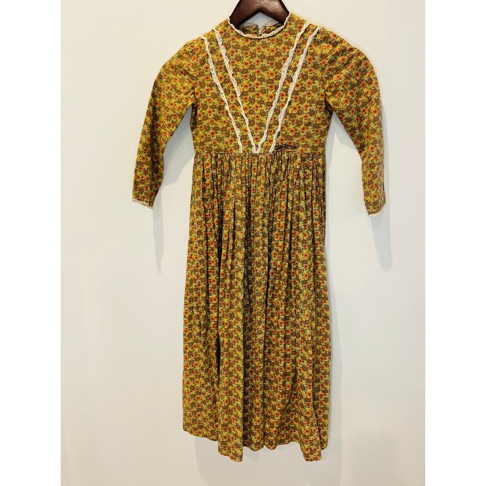 Vintage Handmade Kids Prairie Dress Floral Calico Lace Orange Cottagecore 70s